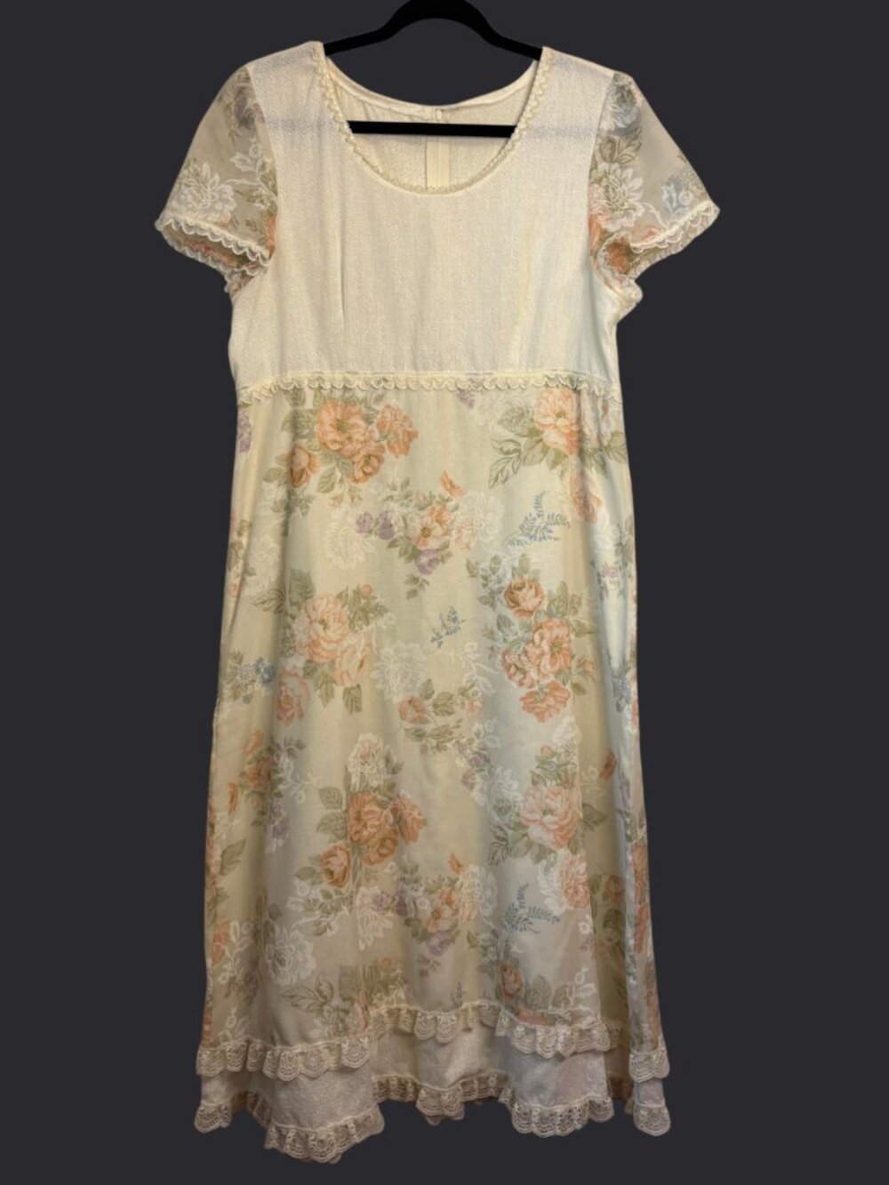 Vintage Prairie Dress Floral Cottagecore Lace Trim Empire Waist Tea Length Dress